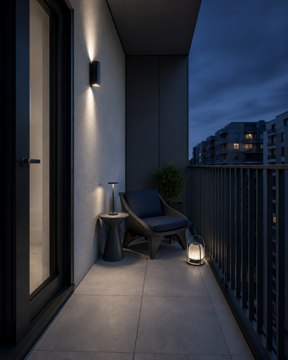 Cool contemporary narrow balcony with wall, table and low portable lighting arranged at three distinct heights.