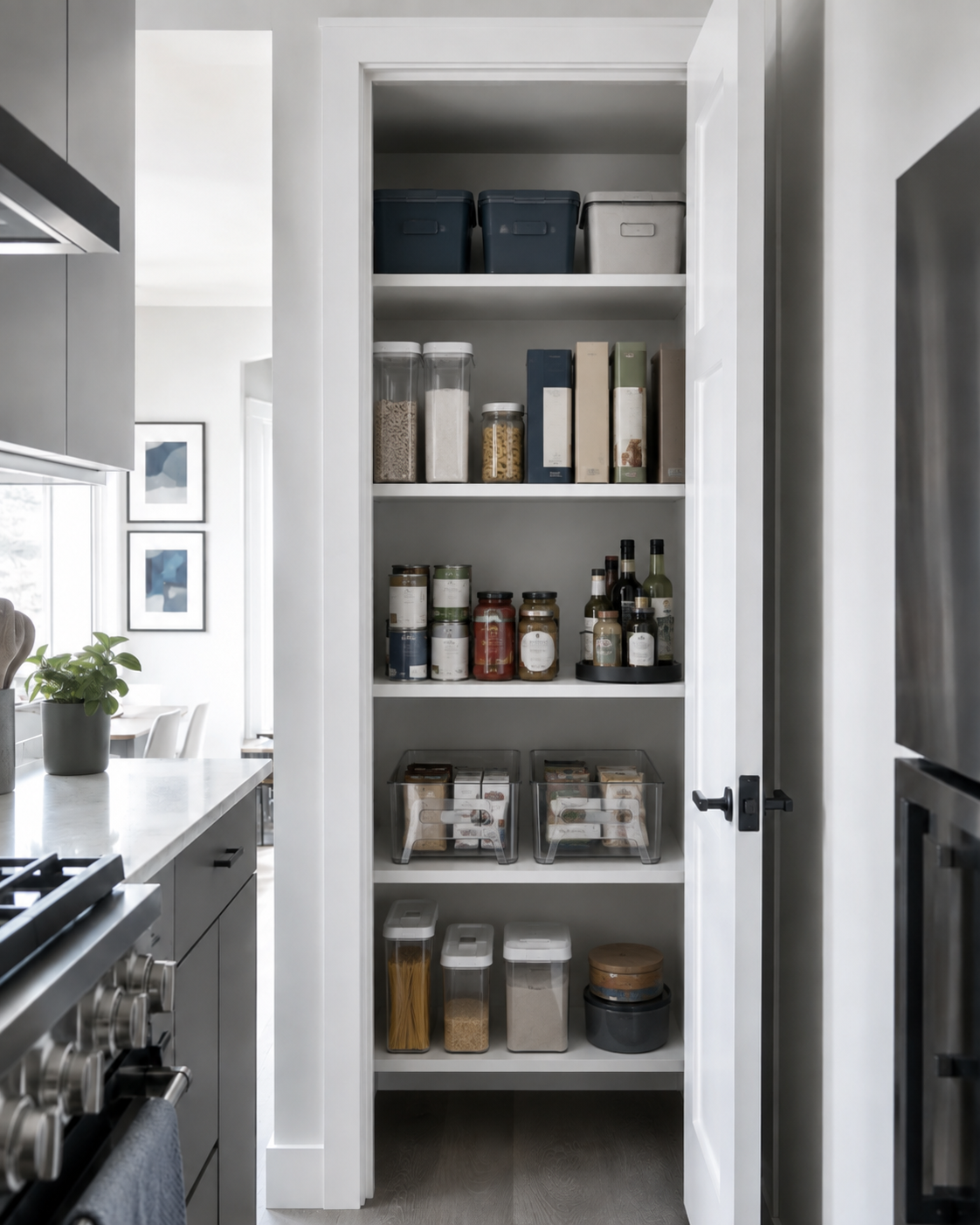 Kitchen Pantry Organization - Ravnora Decor Small apartment pantry using visible everyday storage, pull-forward bins, a turntable and compact reserve storage.