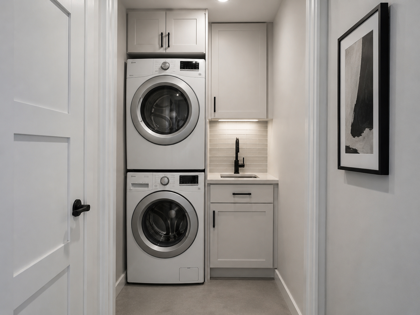 Compact laundry nook finished with one restrained decorative detail while appliance access remains clear.