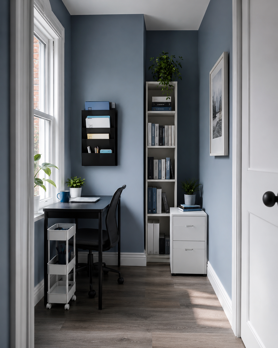 Narrow home office using tall shelving, wall file storage, slim cart and compact mobile drawers