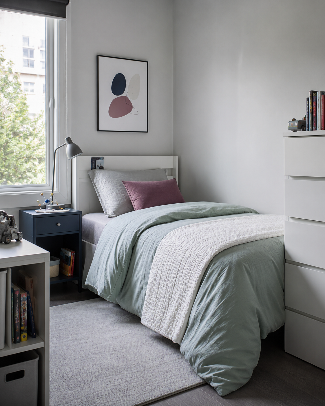 Real kids room using soft sage bedding, cool neutrals and one muted plum pillow accent.