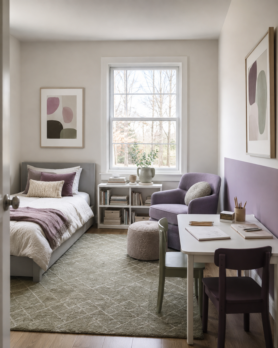 Creative kids bedroom with a quiet bed, activity table, reading chair and accessible book storage.