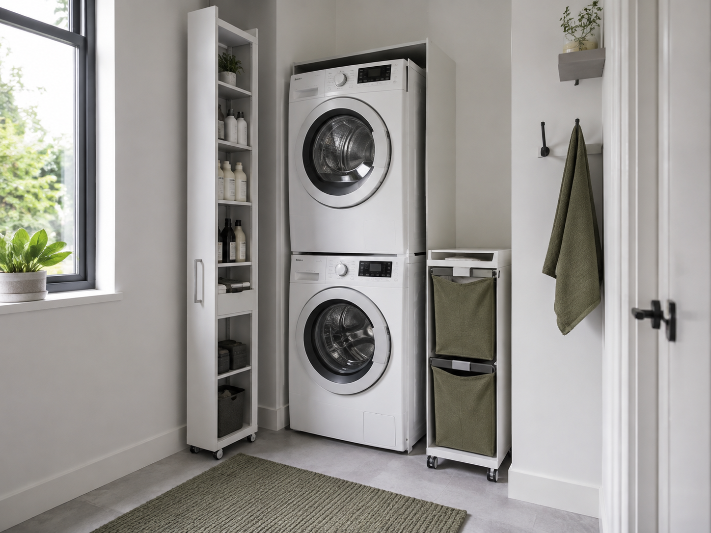 Small Laundry Room Solutions - Ravnora Decor Stacked washer and dryer with narrow rolling storage and vertical sorting positioned beside the appliance wall.