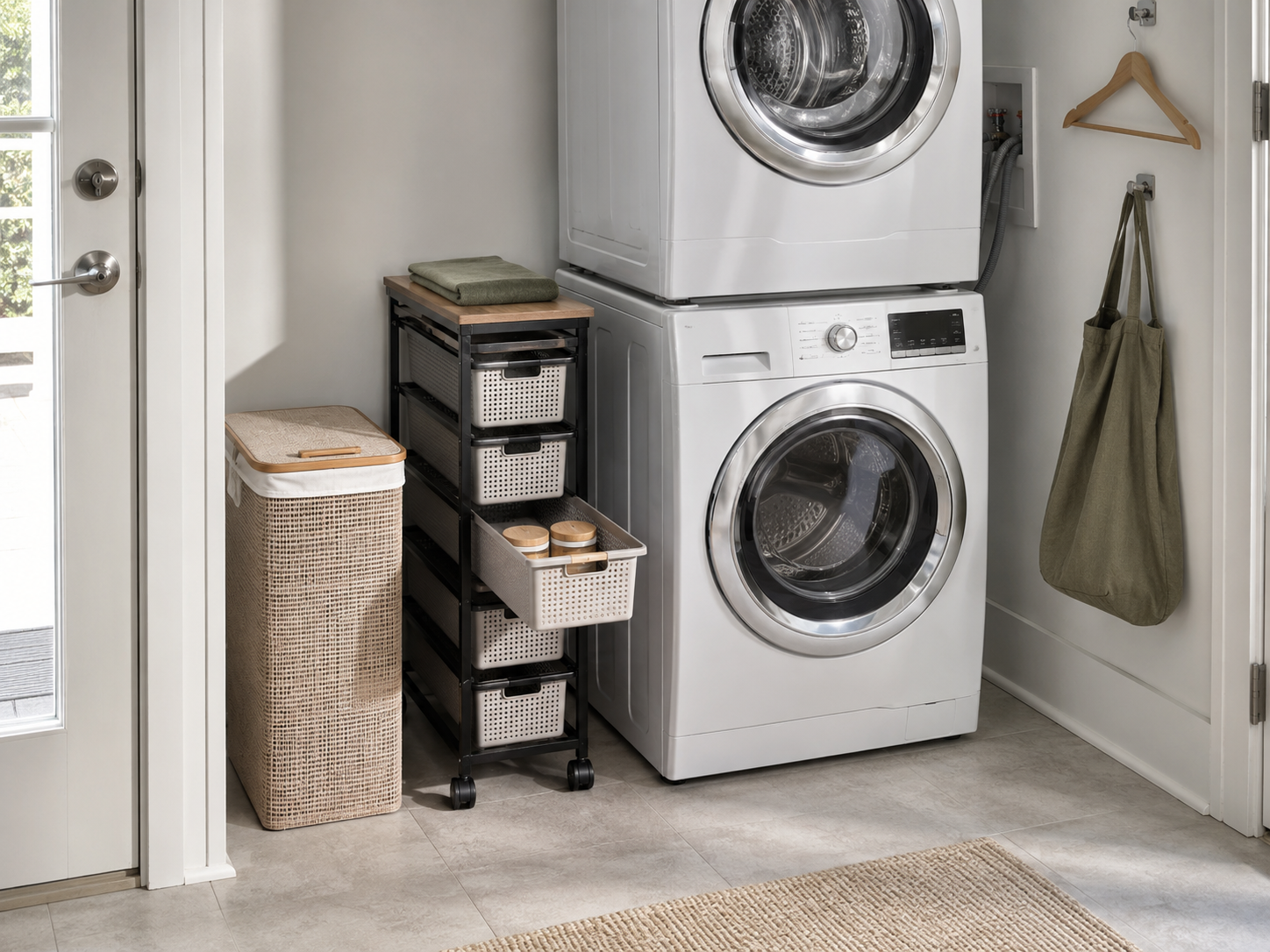 Stacked washer and dryer beside a five-tier pull-out cart and a slim woven laundry hamper in a compact utility area.