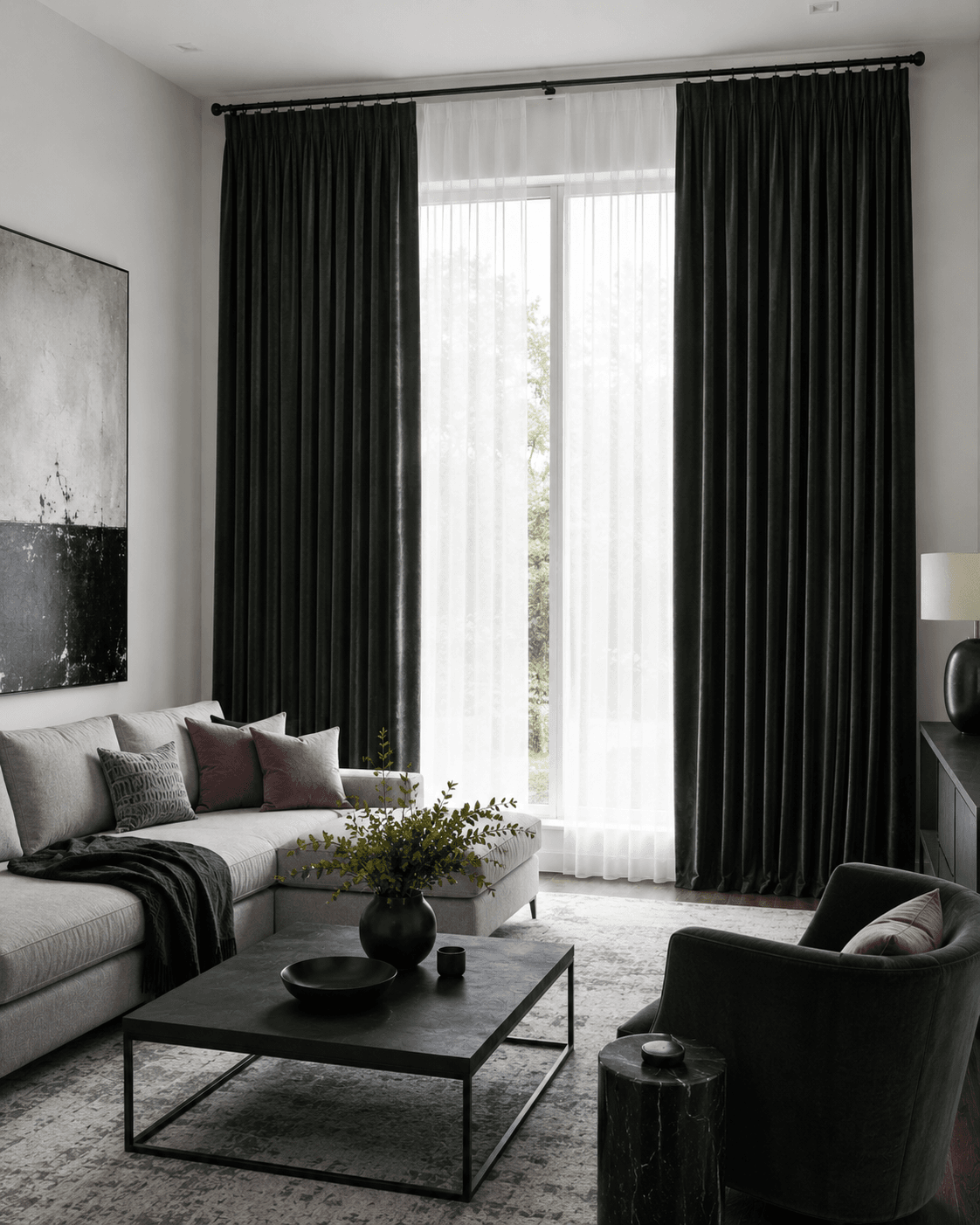 Living Room Curtains - Ravnora Decor Contemporary living room with deep green statement curtains framing a tall window
