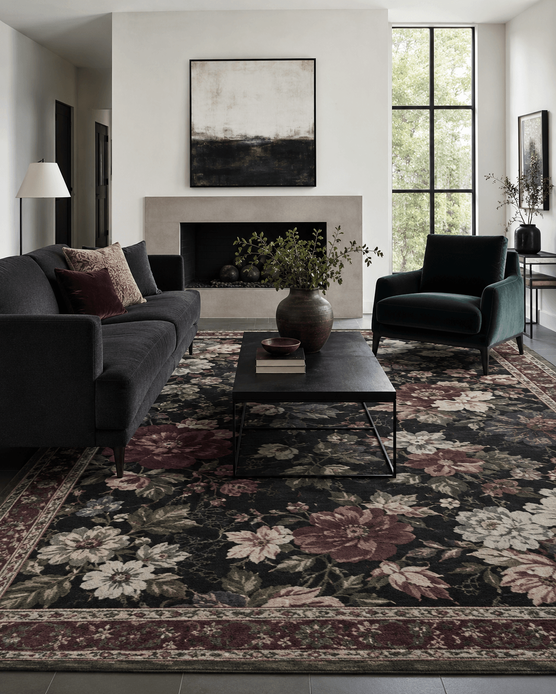 Contemporary living room anchored by a dark floral statement rug.