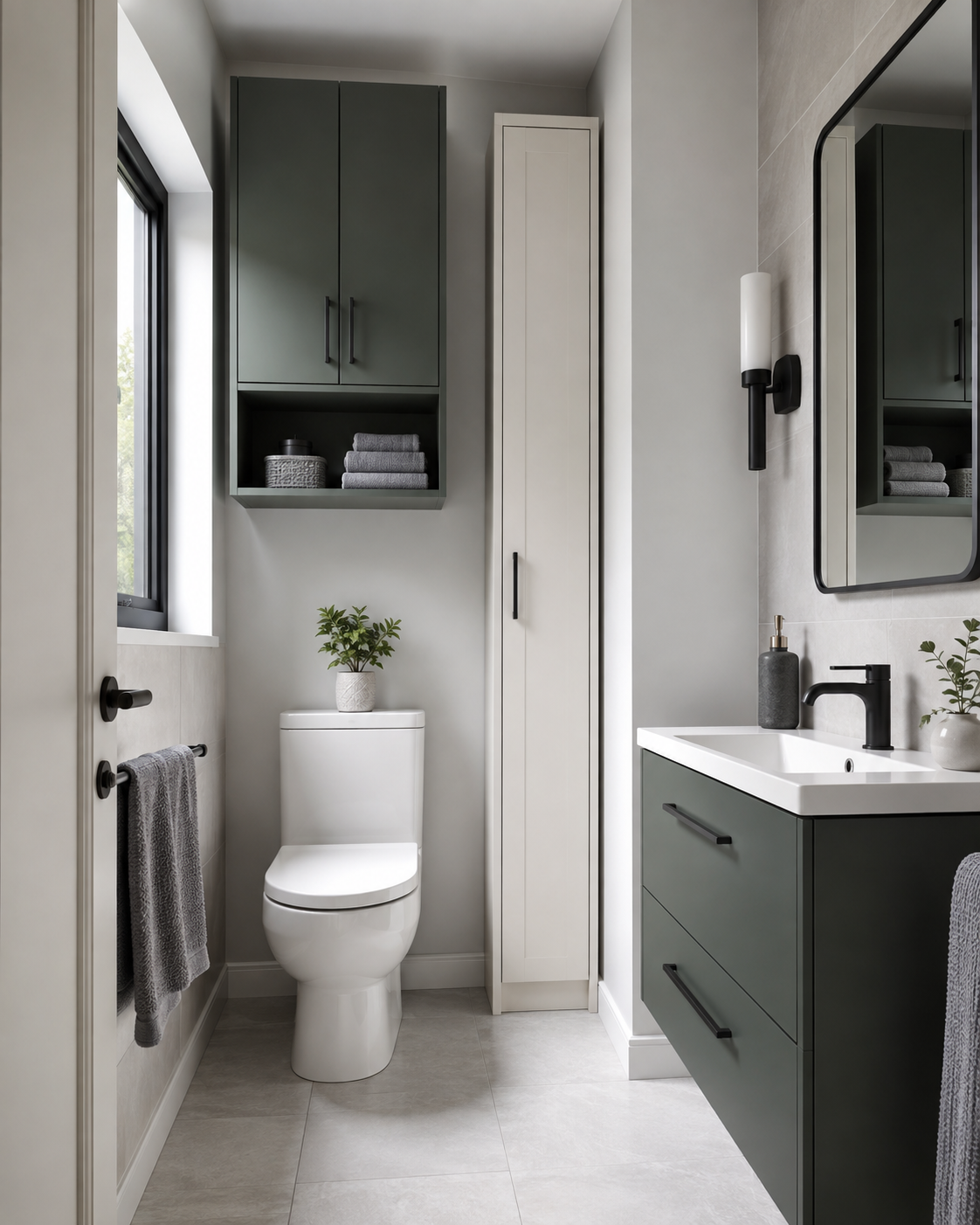 Compact bathroom using over-toilet storage, wall cabinetry and a narrow tower to gain capacity without filling the floor.