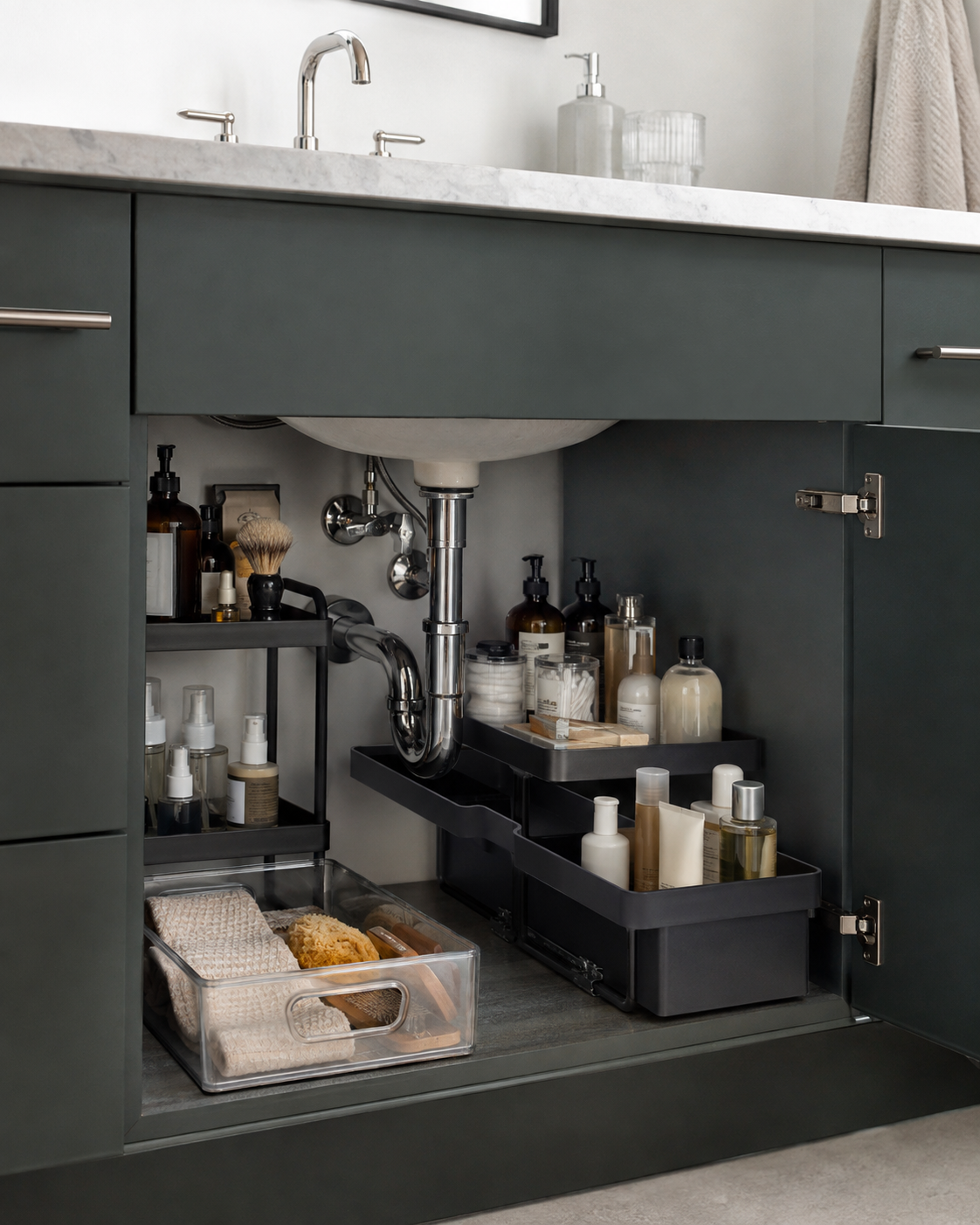 Open bathroom vanity showing pull-out and tiered organizers arranged realistically around sink plumbing.