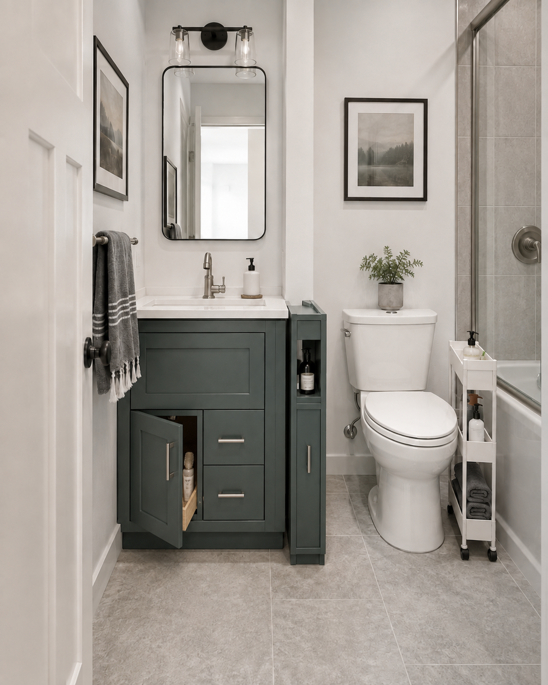 Small bathroom using a narrow cabinet and slim rolling cart to recover side gaps while keeping the walking path open.