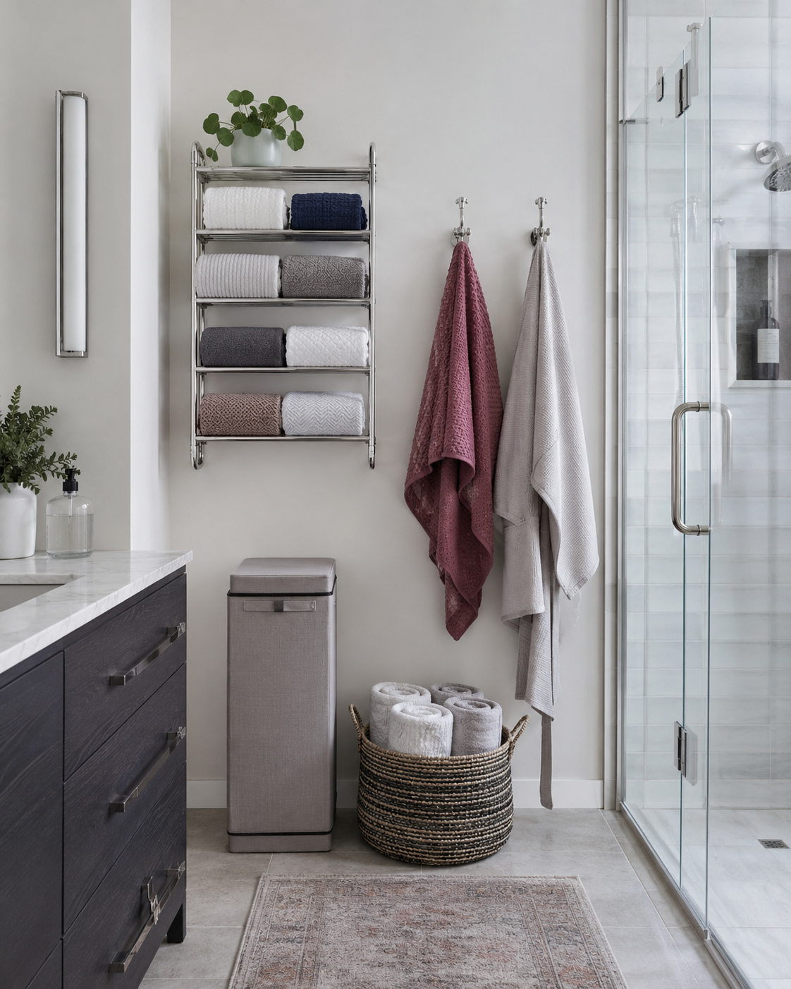 Bathroom towel and laundry zone with wall storage, hooks, a slim lidded hamper and a small basket for clean textiles.