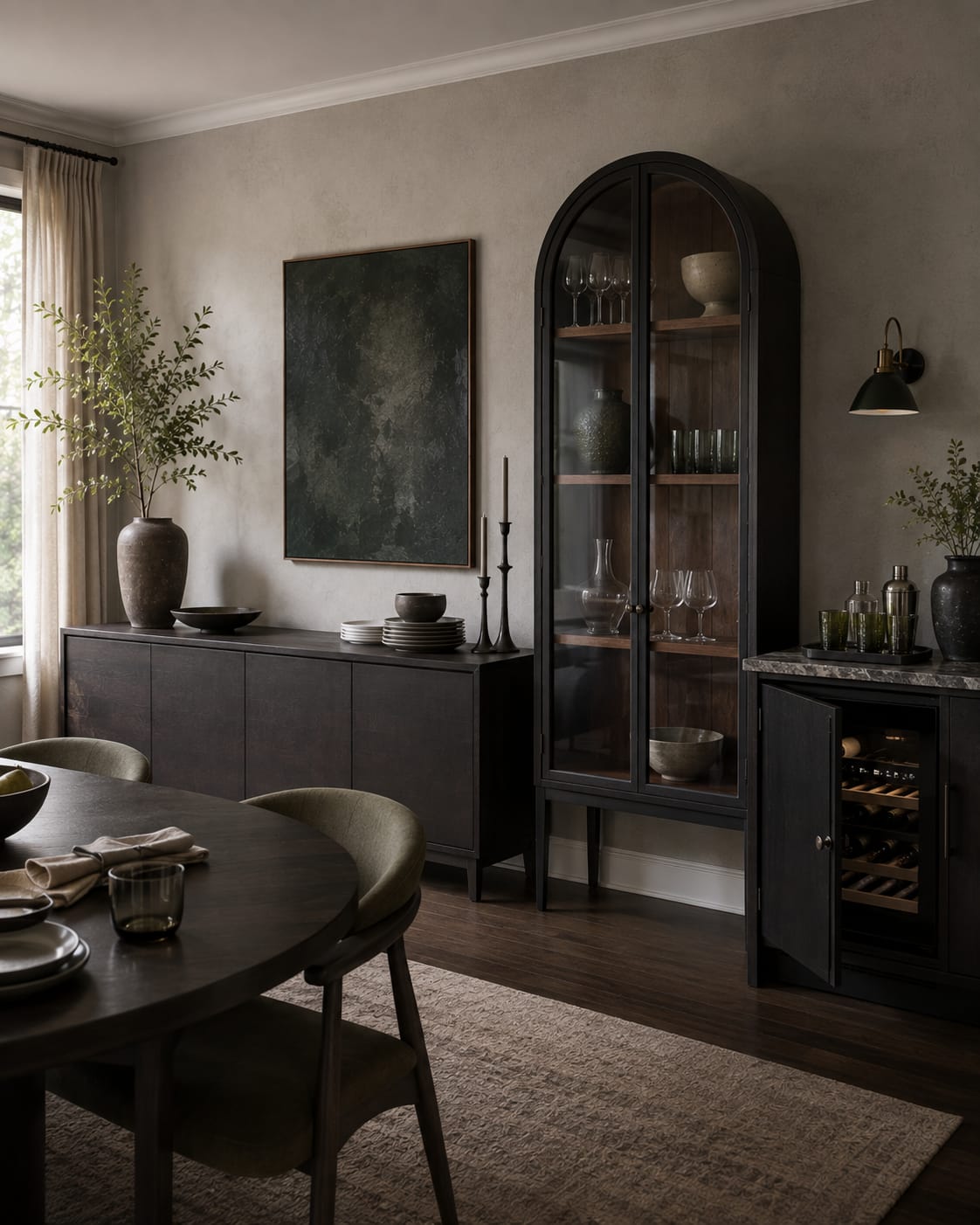 Dining wall with a closed sideboard, arched glass display cabinet and compact beverage cabinet.
