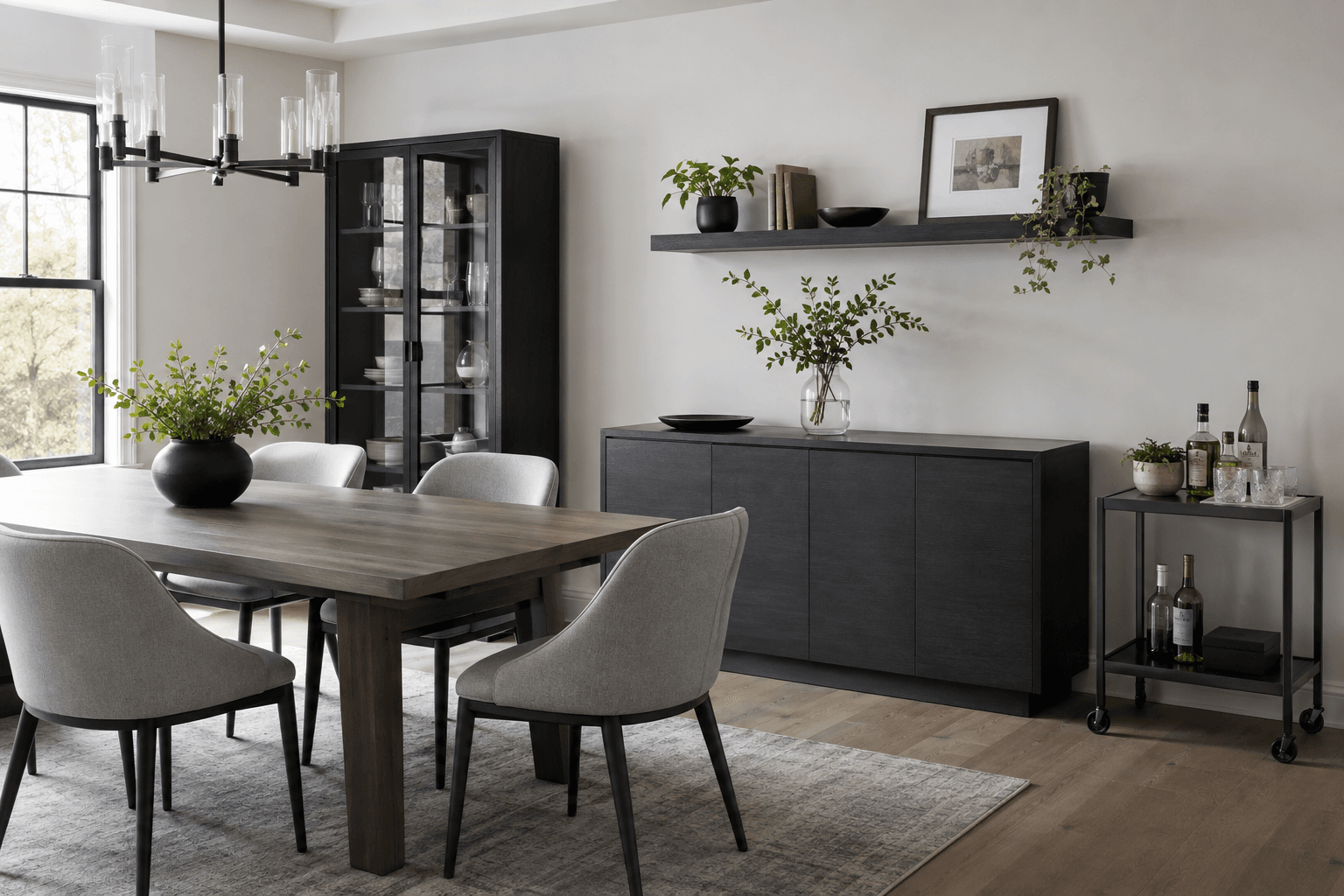 Dining room showing closed, glass-front, wall-mounted and mobile storage approaches