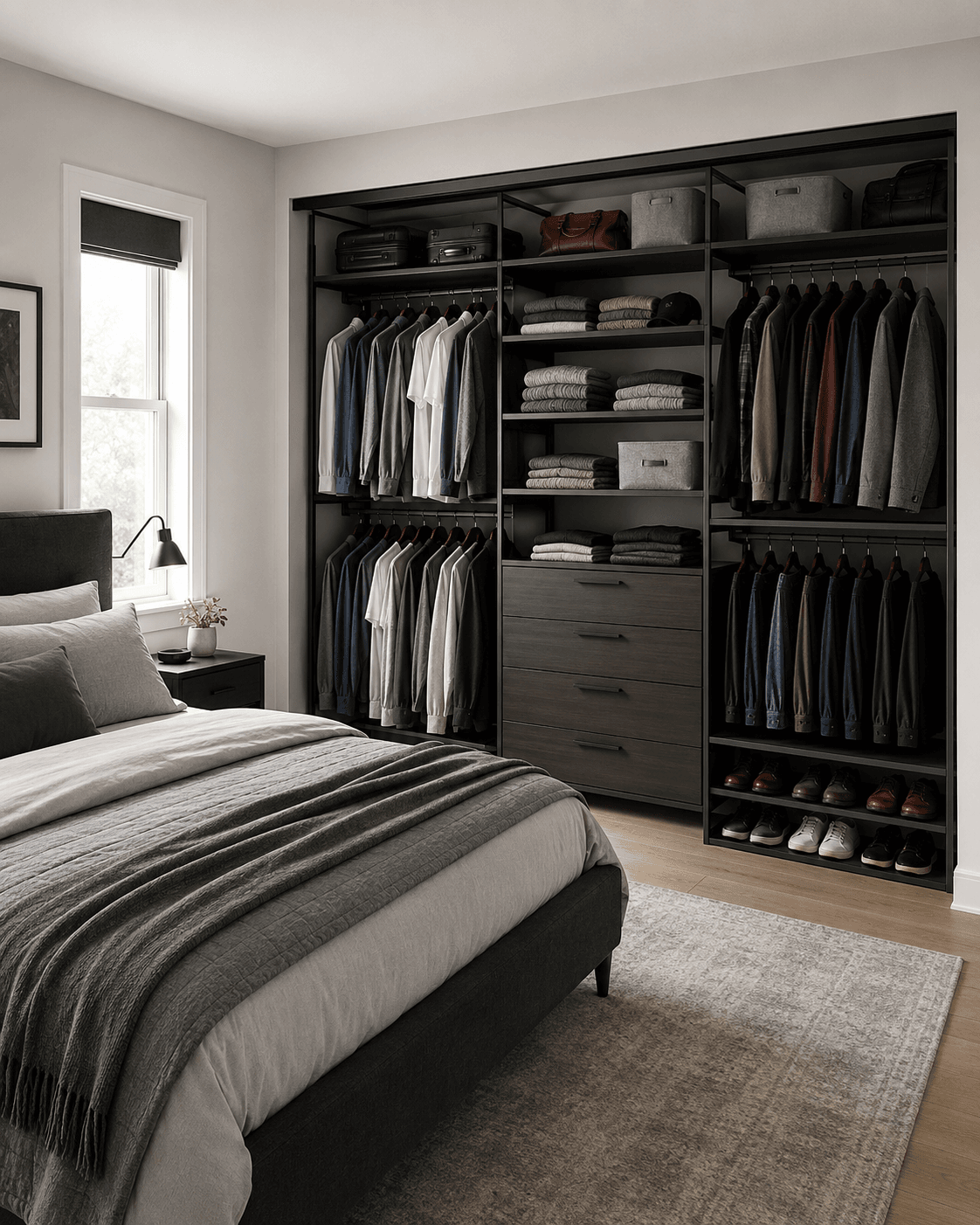 Bedroom Storage - Ravnora Decor Bedroom closet with hanging, shelf and floor storage zones.