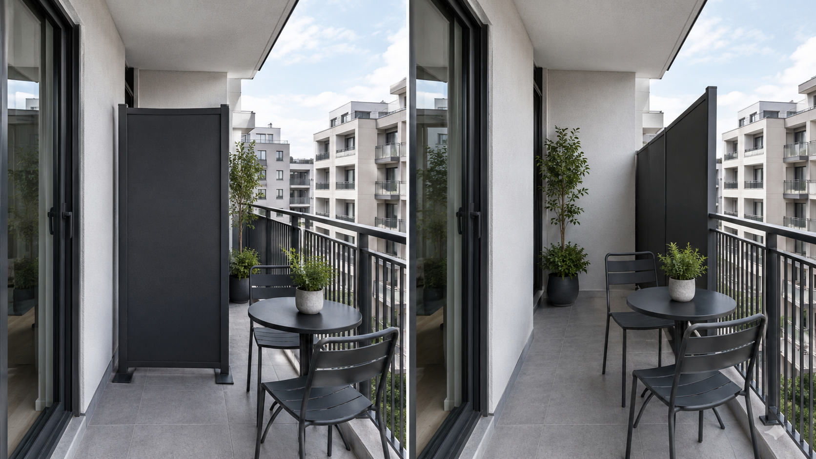 Before-and-better comparison showing a privacy screen narrowing a balcony walkway versus repositioned along the exposed edge to restore circulation.