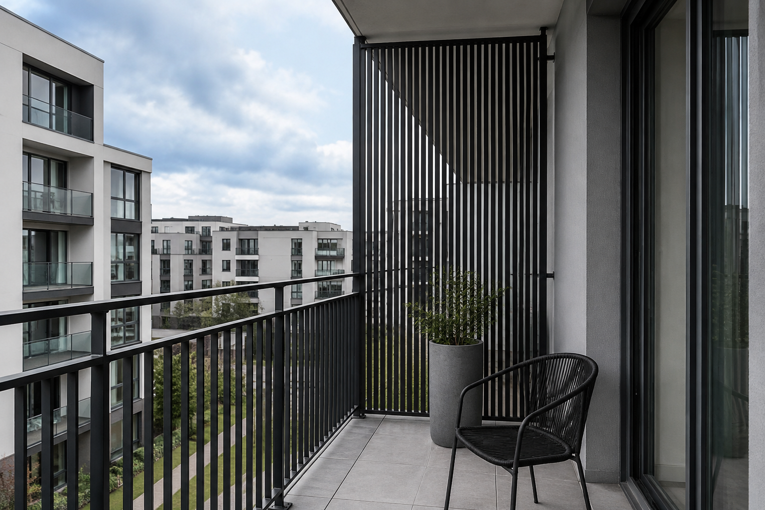 Modern balcony with a tall charcoal slatted screen protecting the exposed side while the railing and walking path stay open.