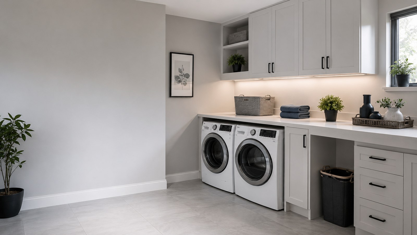 Modern cool-toned laundry room with clear work surfaces and spare floor, shelf, counter-edge and wall zones for restrained decor.