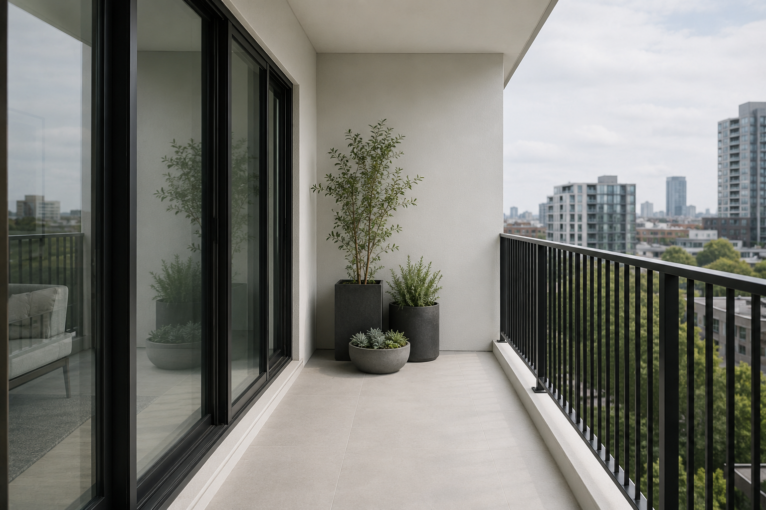 Three outdoor floor planters clustered in one balcony corner while leaving the main walking path unobstructed.