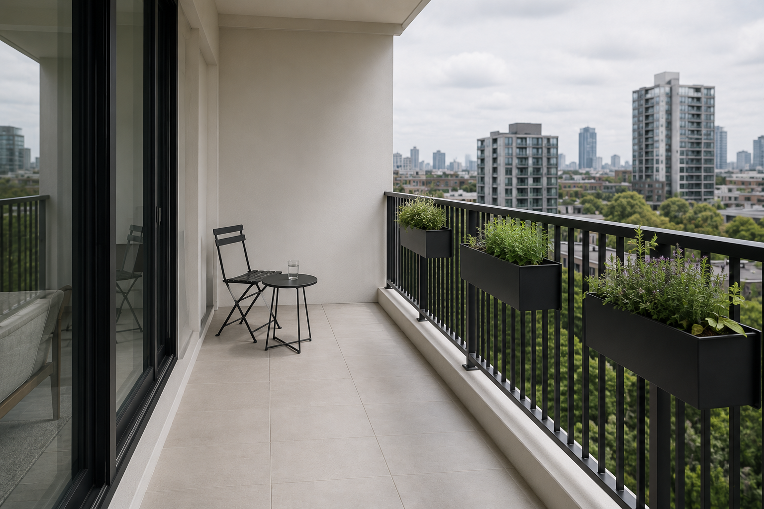 Modern railing planters add greenery to an apartment balcony while leaving the floor beneath them clear.