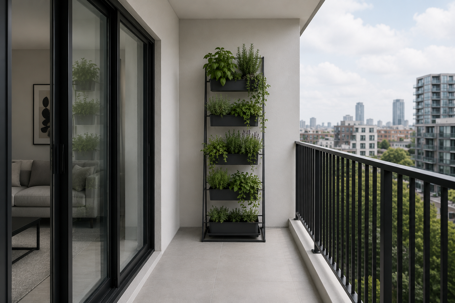 A slim freestanding vertical planter system concentrates several plants in one balcony corner and preserves walking space.