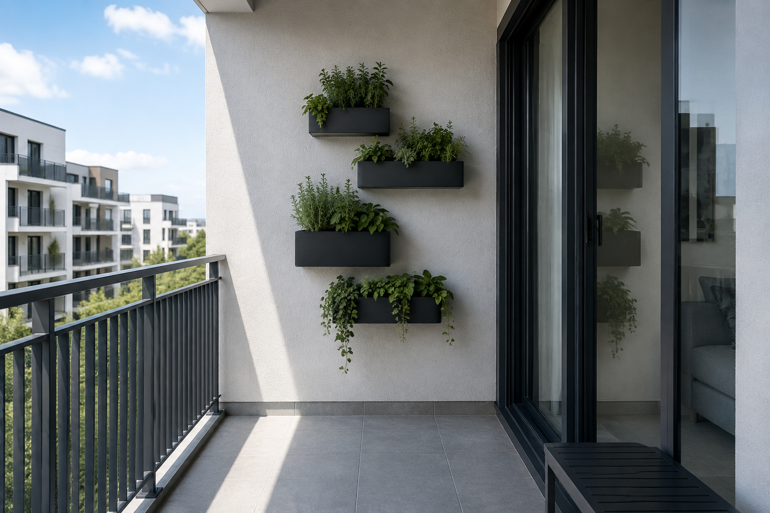 Compact black wall planters use a balcony wall for greenery while preserving the floor below.