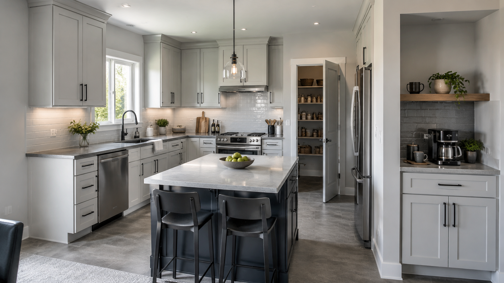 Wide contemporary kitchen showing distinct prep counter, island, ceiling, pantry and beverage nook lighting zones.