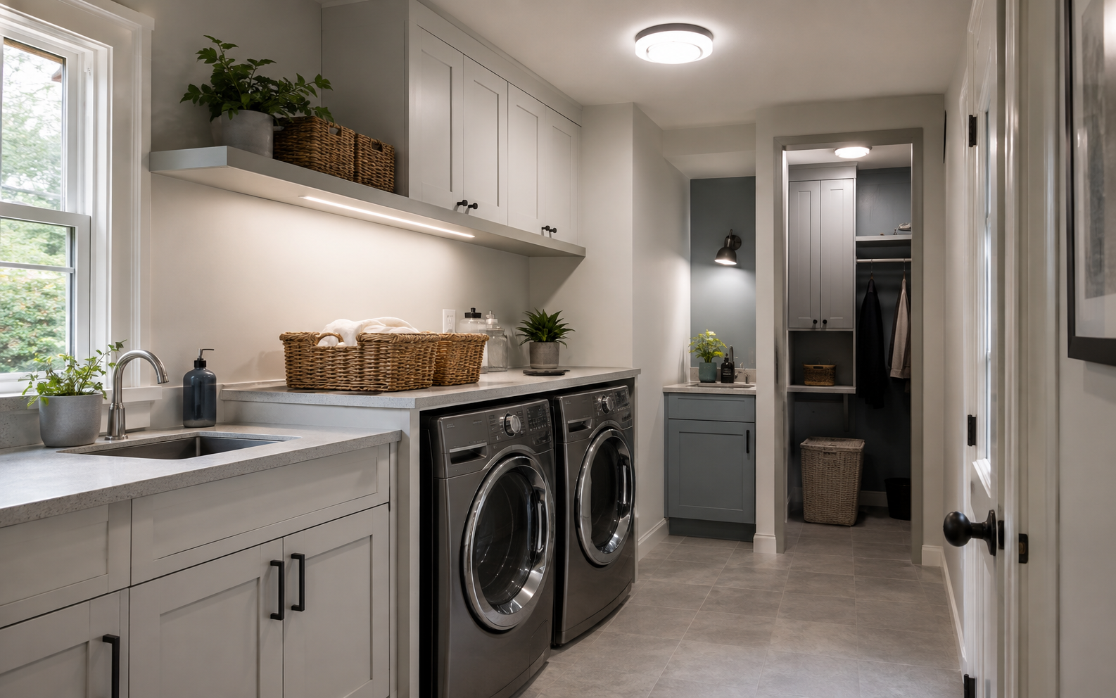 Laundry room illustrating whole-room, folding-counter, side-task and compact-closet lighting zones.