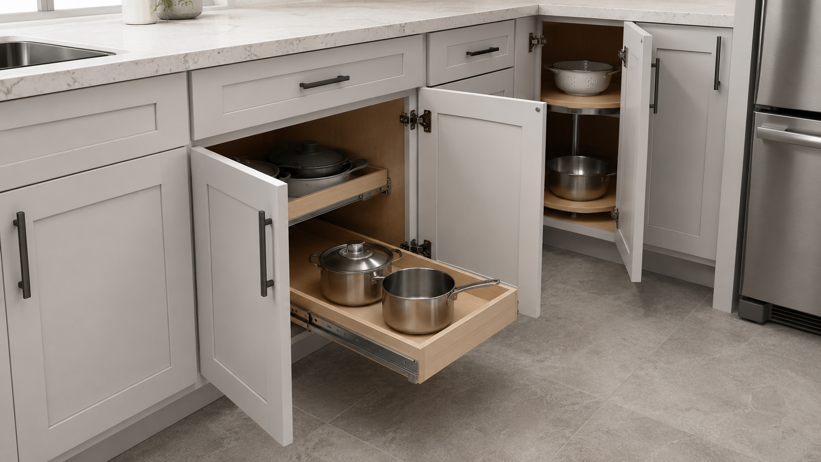 Kitchen Cabinet Organization - Ravnora Decor Kitchen cabinets shown fully open with a pull-out organizer extended to demonstrate door, hinge and slide clearance before purchase.