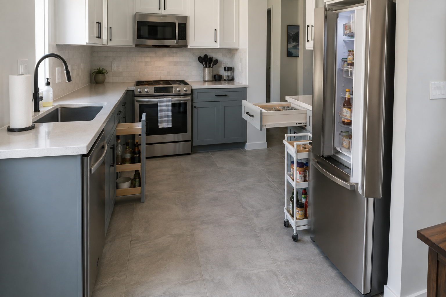 Compact kitchen used to check appliance, cabinet, drawer and storage operating clearance