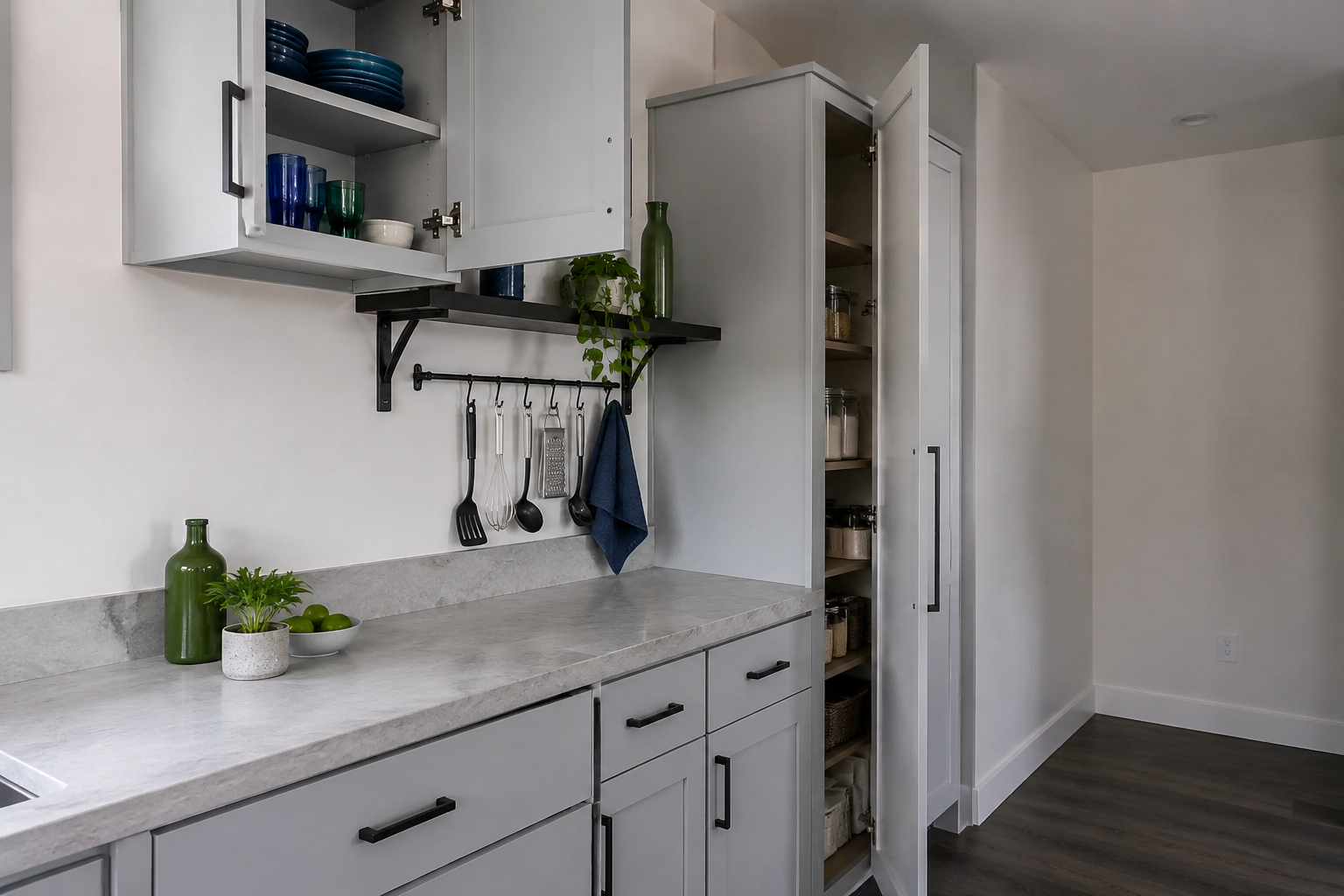 Kitchen wall-storage position shown beside open cabinet and tall cabinet doors to demonstrate clearance