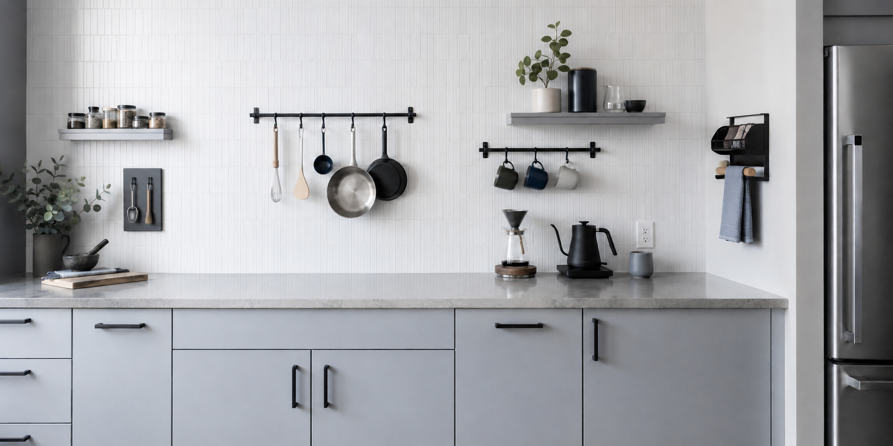 Panoramic contemporary kitchen wall showing prep, cooking, beverage and narrow utility storage zones above a clear countertop