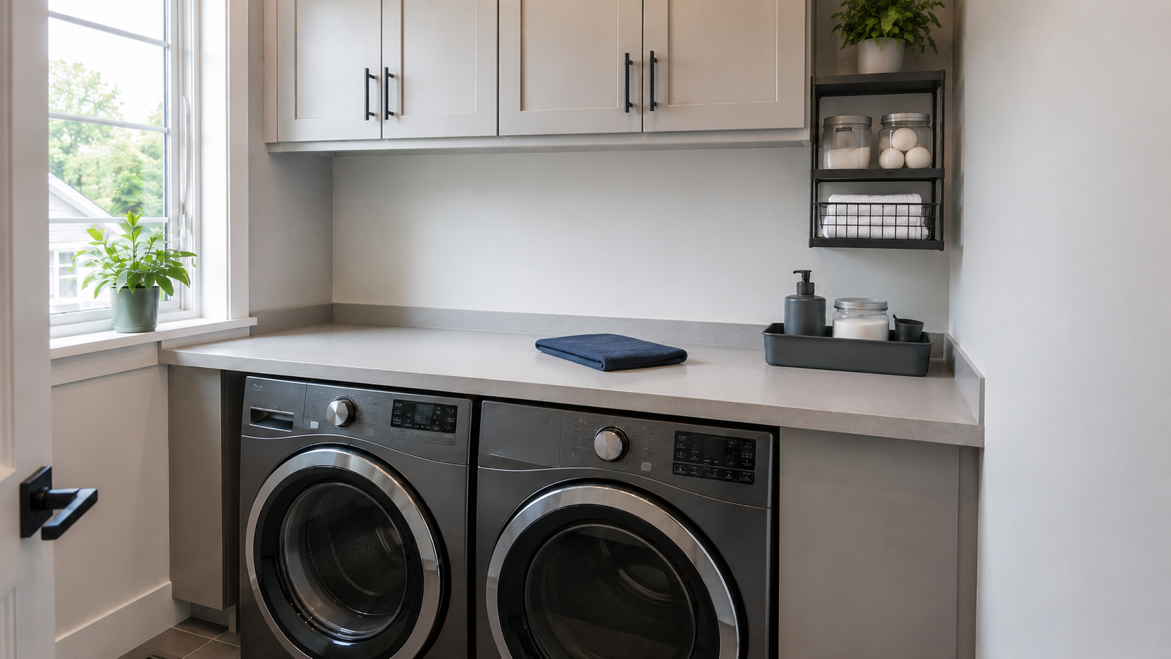 Laundry counter showing a permanent edge zone, temporary central work zone and vertical backup storage in one room.