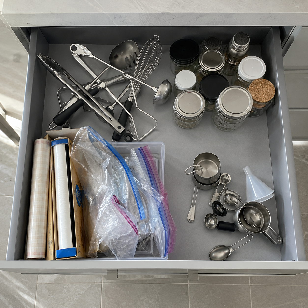 Top-down kitchen drawer showing tangled tools, hidden items, collapsing bags and drifting small accessories