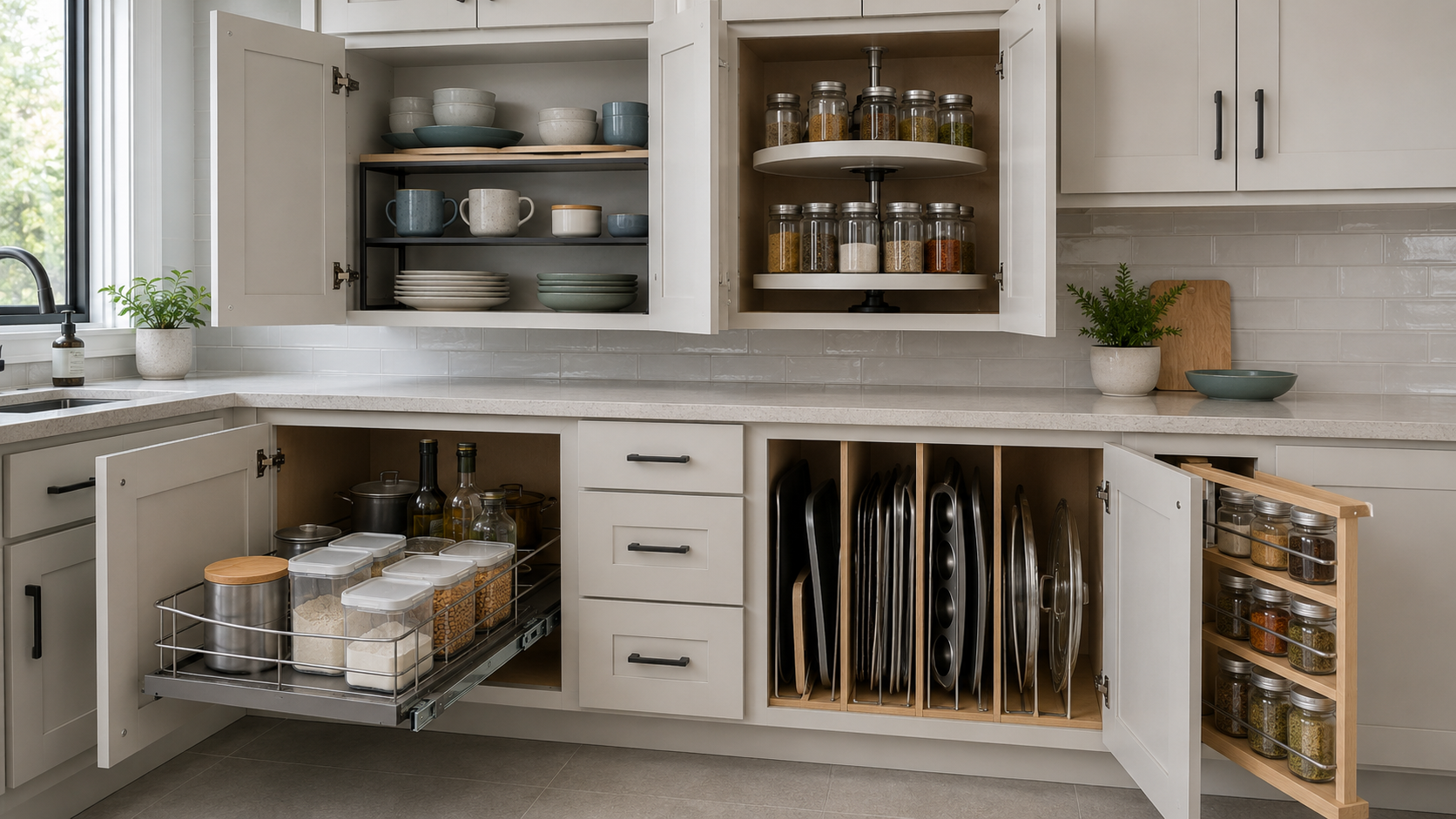 Kitchen Cabinet Organization - Ravnora Decor Finished contemporary kitchen cabinet system combining pull-out access, shelf-height control, rotating storage and upright cookware organization.