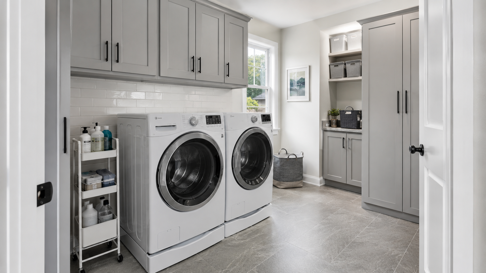 Completed contemporary laundry room combining nearby daily storage, organized backup supplies and concealed cabinetry around clear appliances.