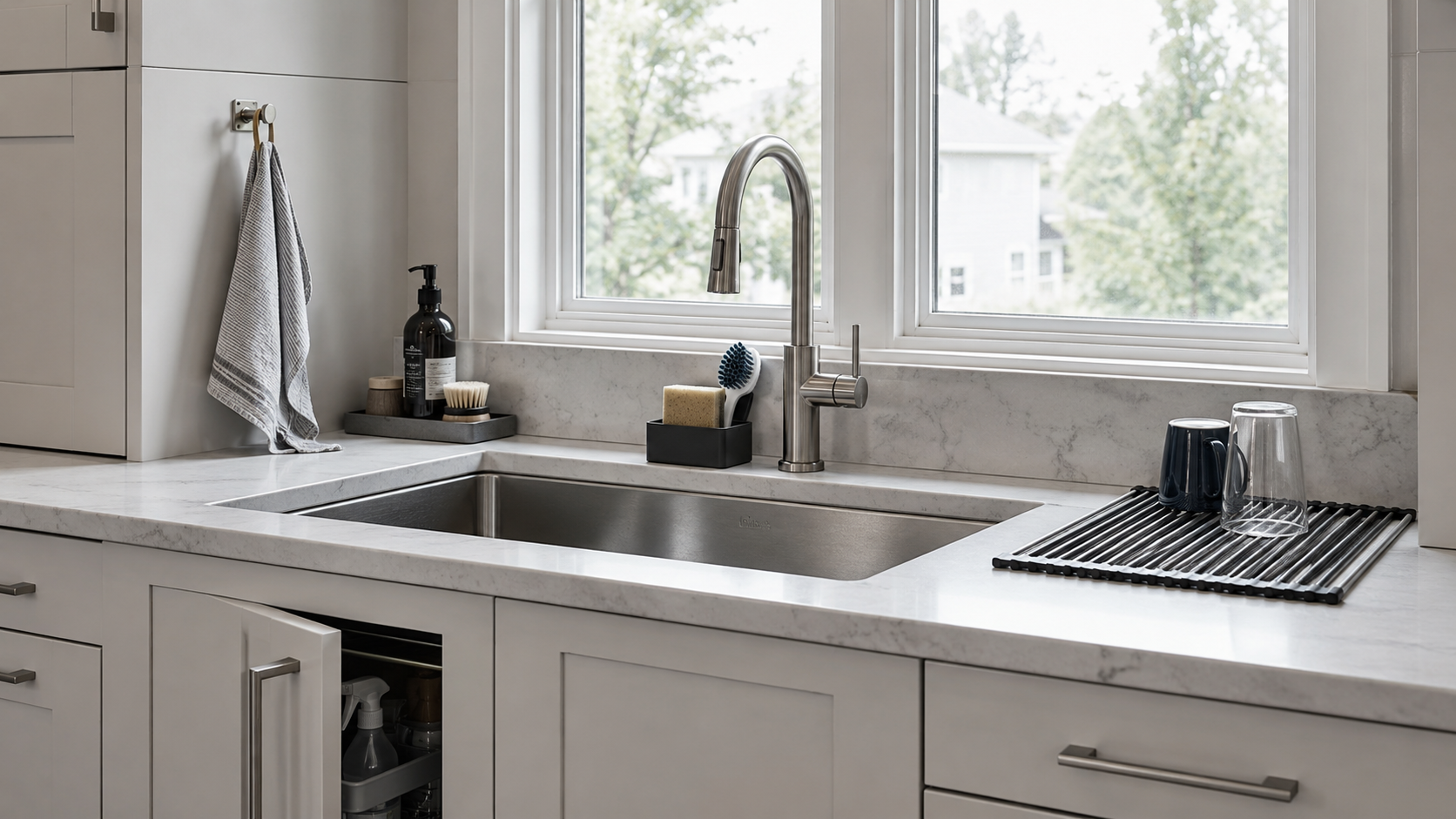 Finished kitchen sink with clear washing space, controlled tool storage, compact drying and organized hidden storage.