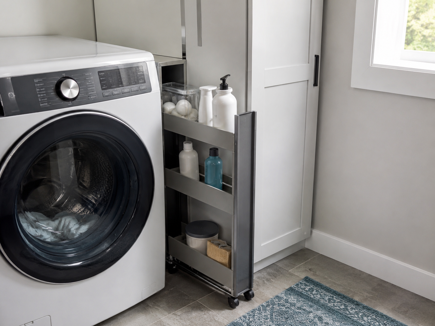 Narrow pull-out storage using a small side gap beside a laundry appliance while preserving access.
