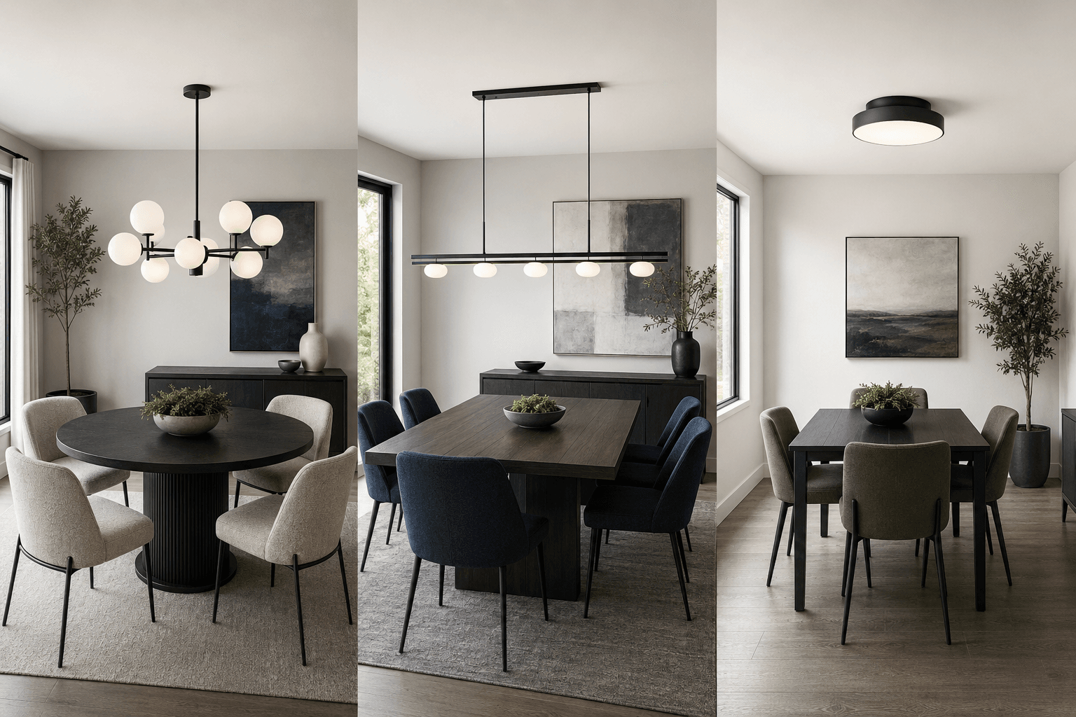 Dining lighting comparison showing fixture relationships for round tables, long rectangular tables and low ceilings.