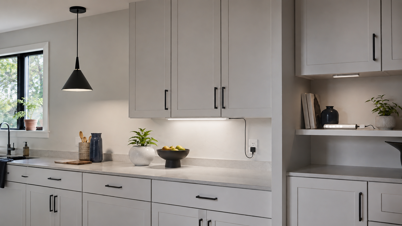 Home cook at a kitchen prep counter demonstrating the relationship between body position and under-cabinet task lighting.
