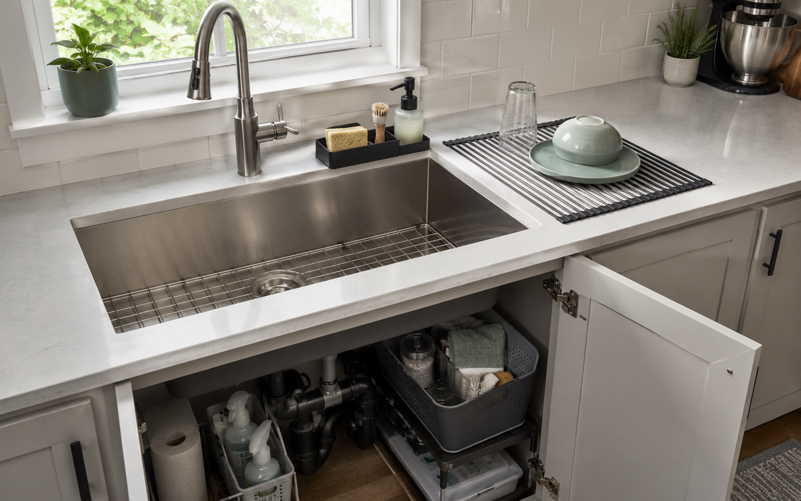 Kitchen sink showing washing, tool parking, dish drying and under-sink storage zones.