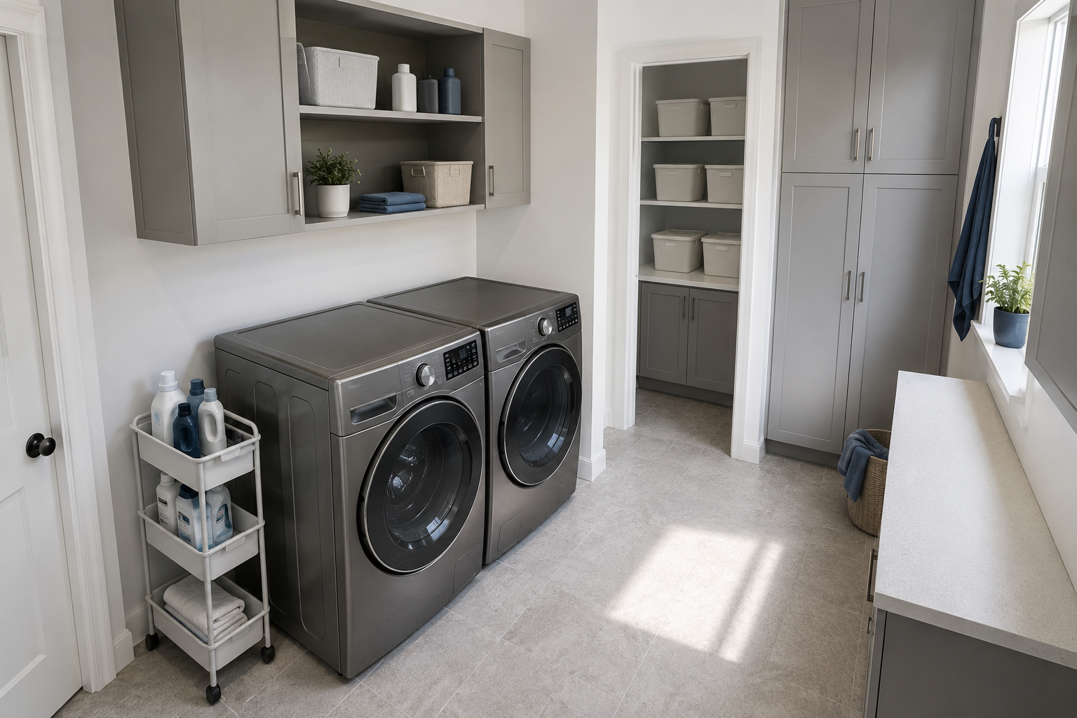 Laundry room showing separate nearby, reserve and closed-storage zones around the appliances.