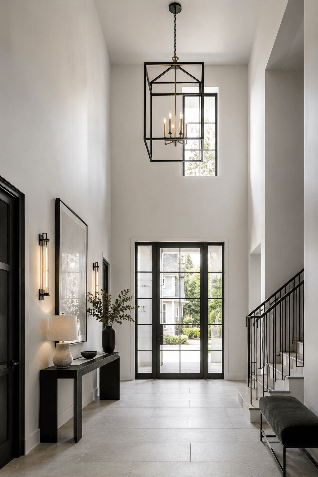 Tall foyer with a large lantern fixture scaled to the vertical room volume