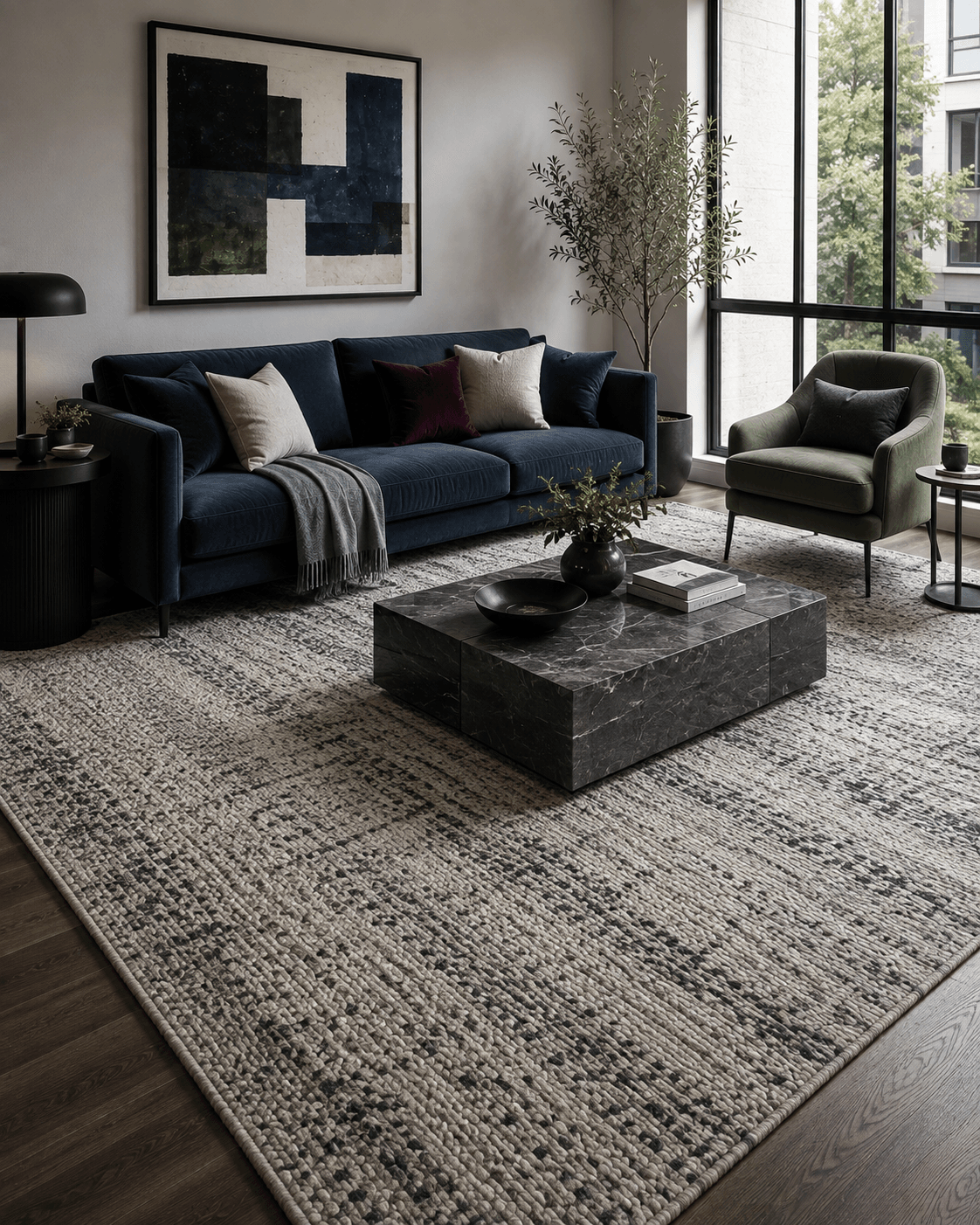 Cool-toned living room using a textured rug to add depth without a busy pattern.