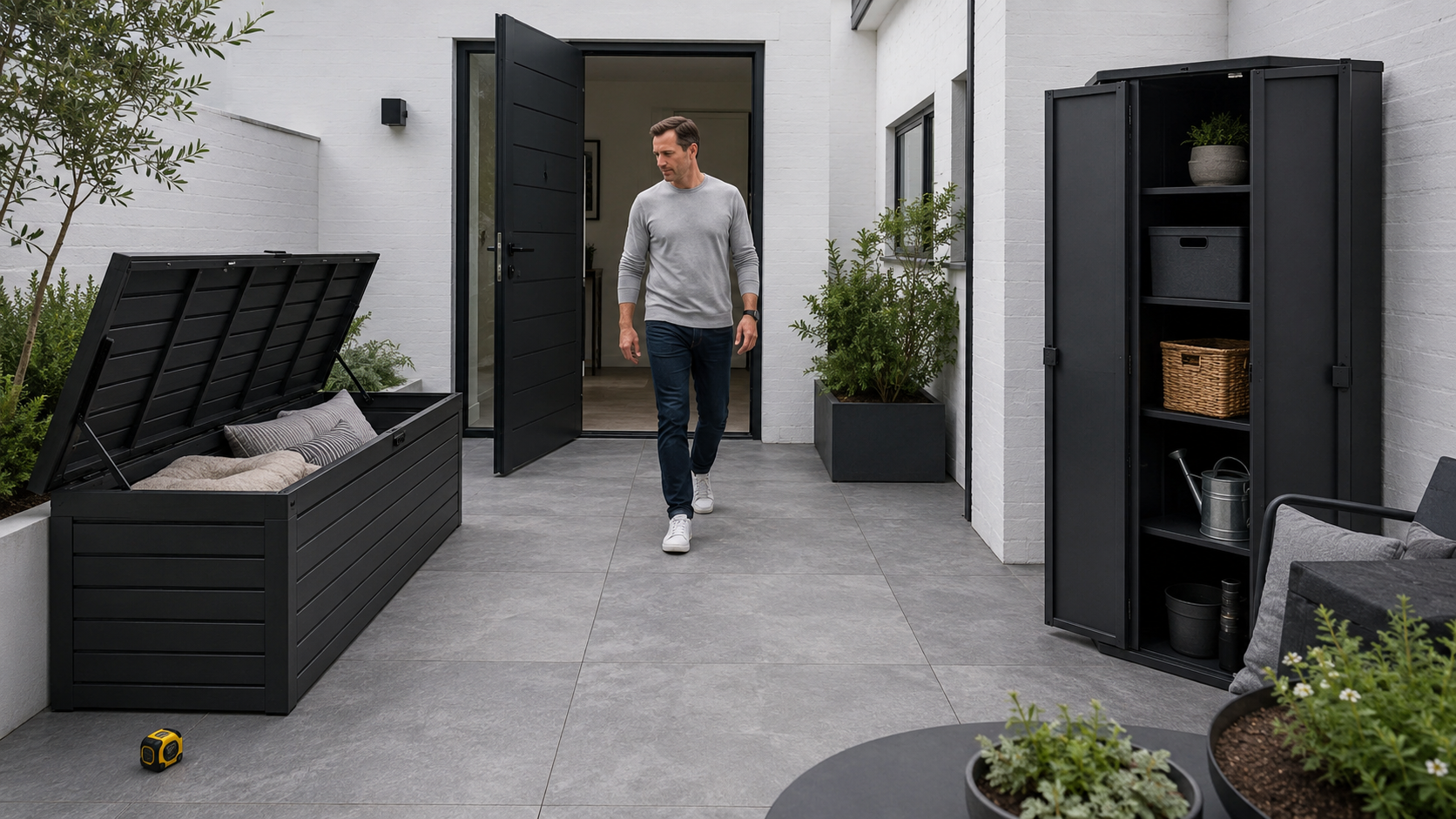 Patio with exterior door, deck-box lid and storage-cabinet doors open while a clear walking route remains through the center.