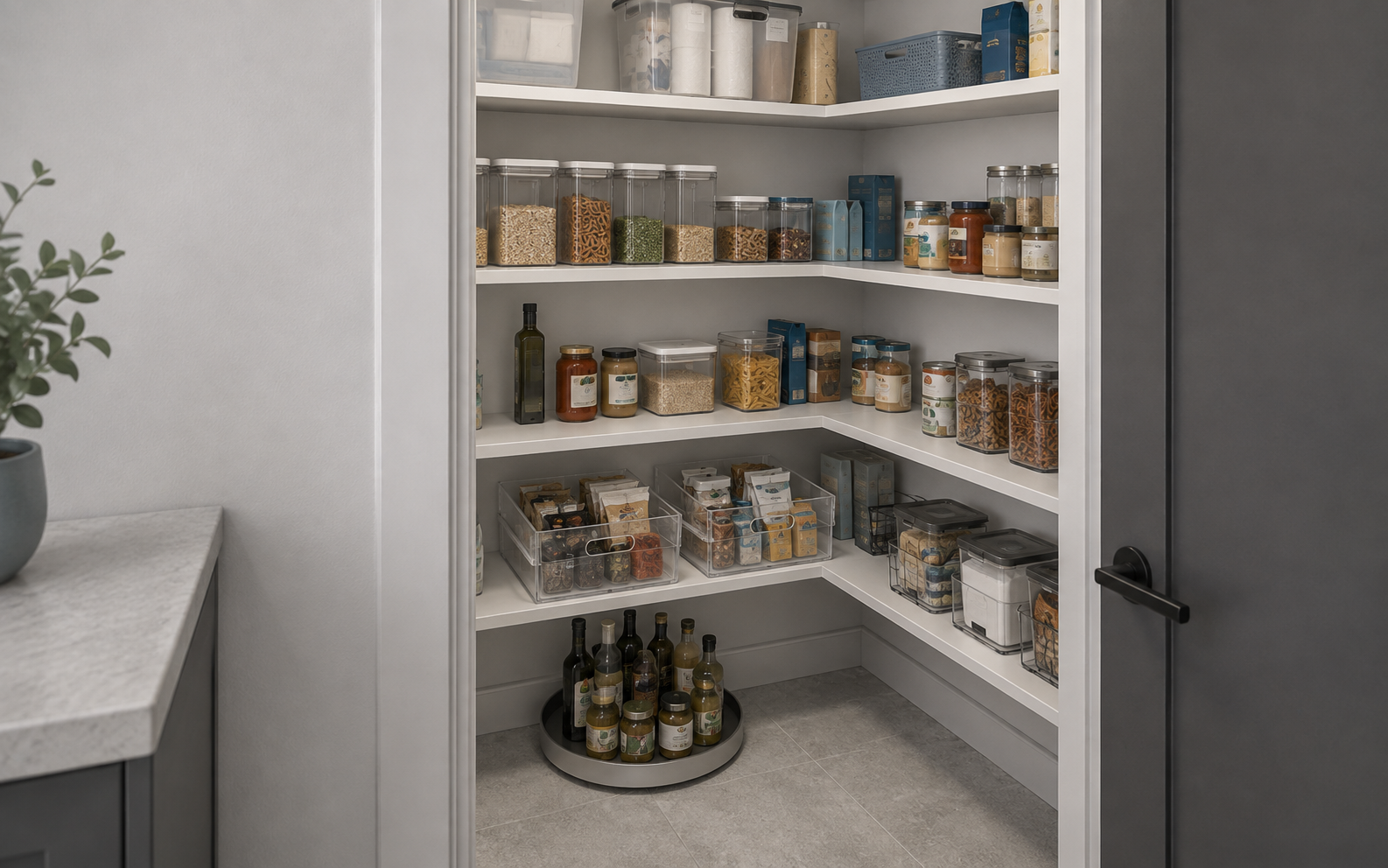 Pantry showing four access zones for visible everyday items, pull-forward bins, rotating storage and reserve backstock.
