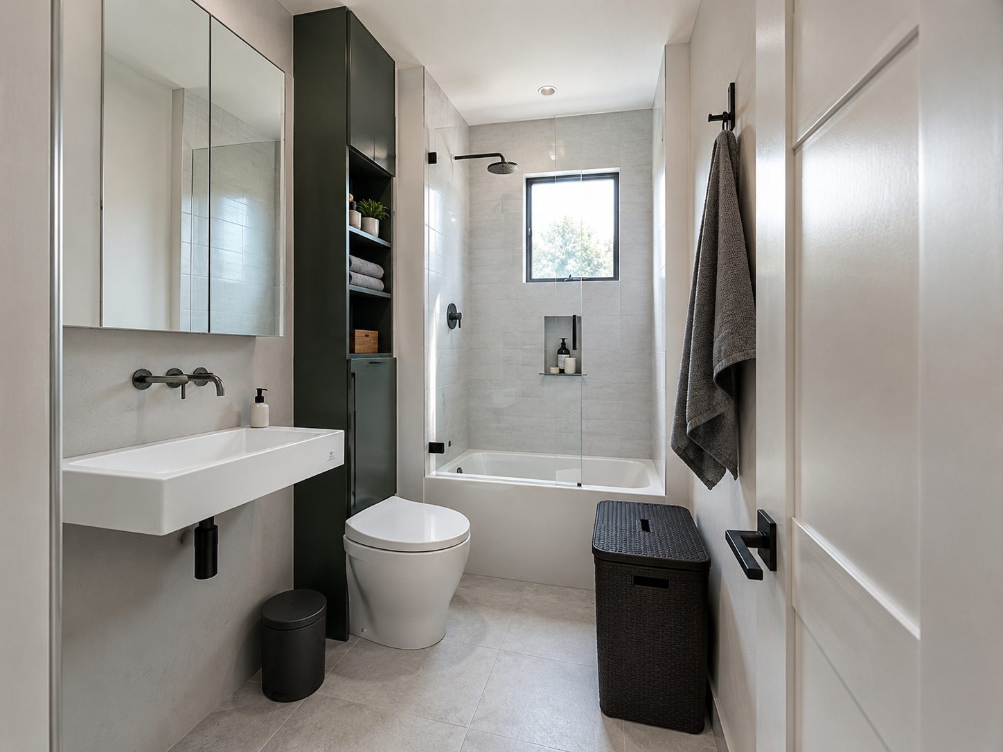 Fully resolved five-by-eight-foot bathroom with clear circulation and integrated storage