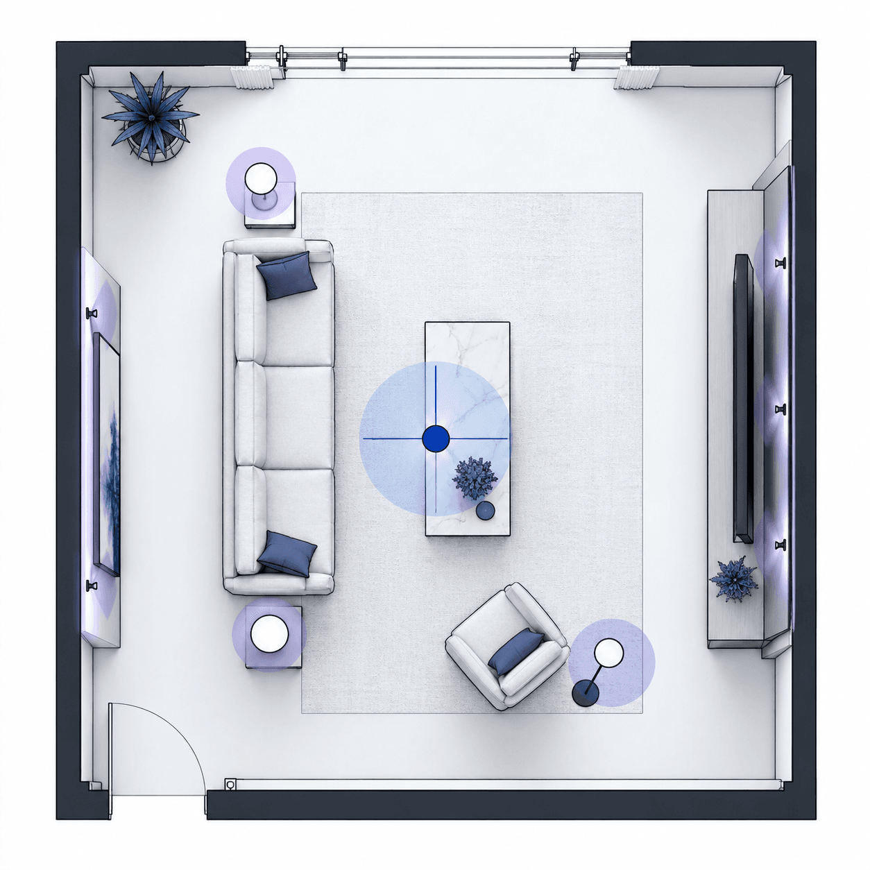 Top-down living room layout showing furniture, circulation and potential lighting zones.