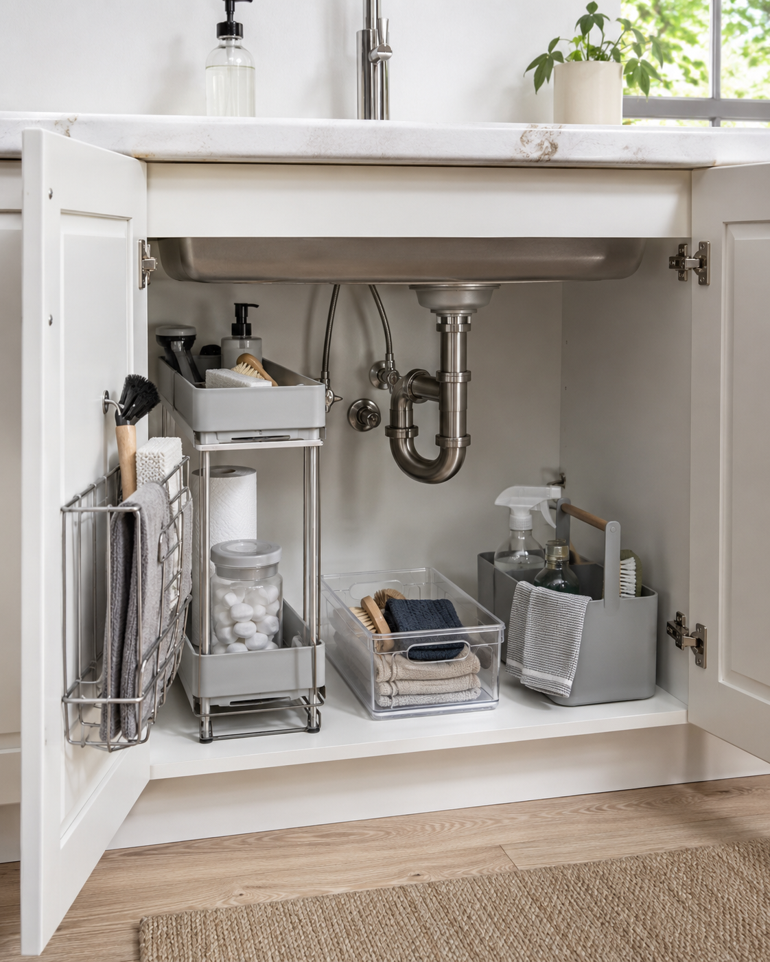 Organized under-sink cabinet using pull-out, portable and door storage around plumbing.