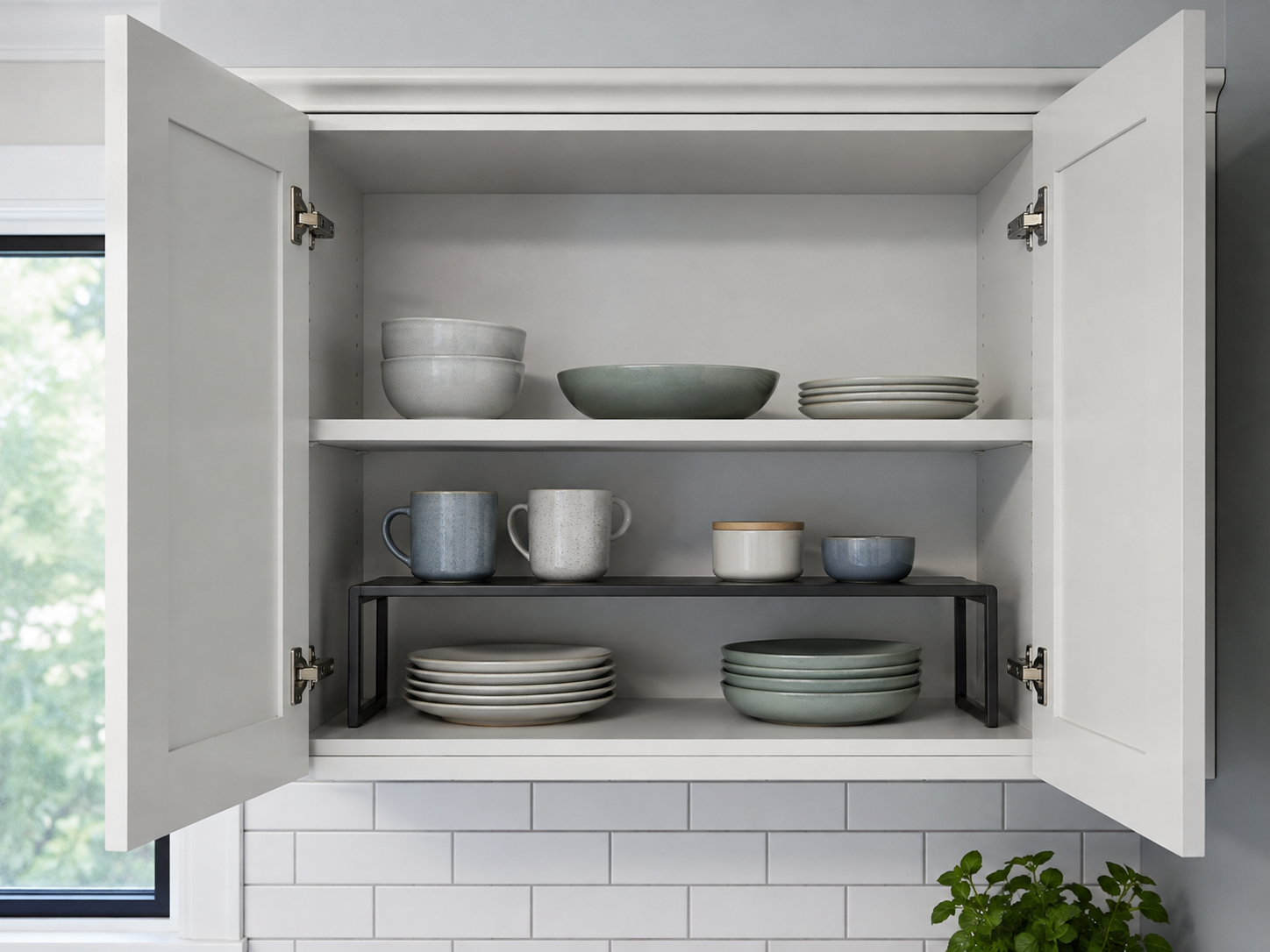 Kitchen Cabinet Organization - Ravnora Decor Upper kitchen cabinet using a shelf riser to divide unused vertical space into two accessible storage levels.