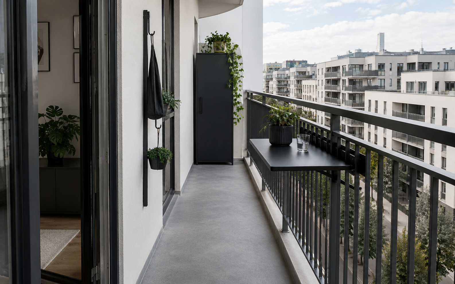 Small Balcony Solutions - Ravnora Decor Narrow balcony using its wall, railing and end zones while preserving the middle for movement.
