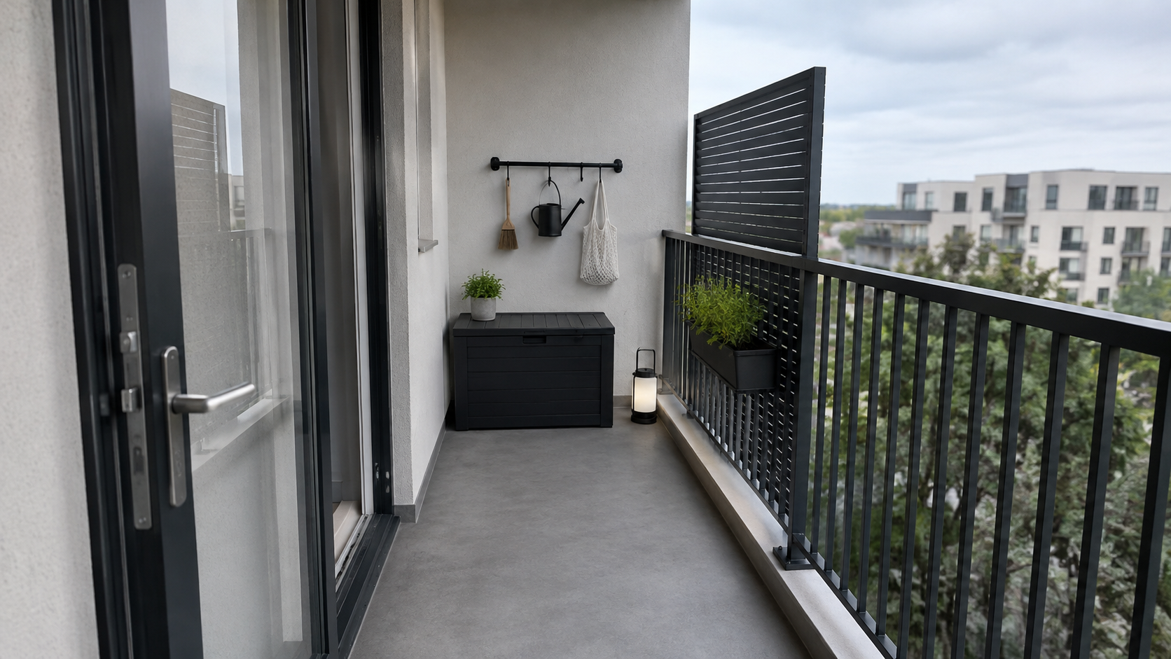 Small Balcony Solutions - Ravnora Decor Utility-first small balcony with compact end-wall storage and vertical organization leaving the main floor free.